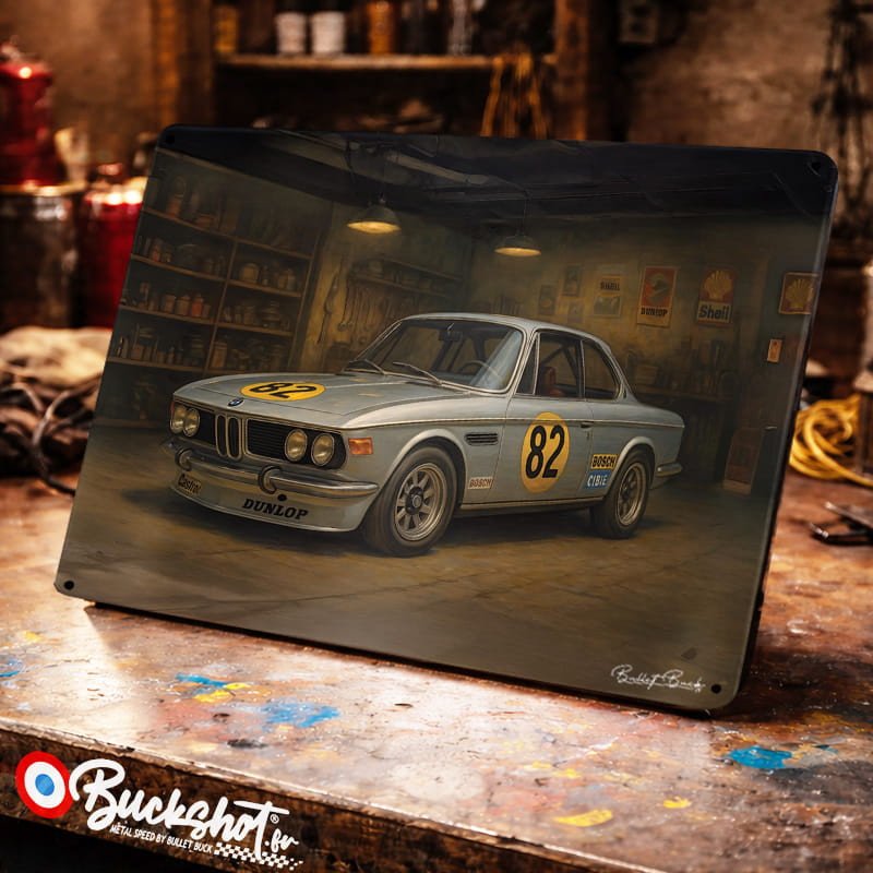 Plaque métallique publicitaire – Illustration BMW E9 1968 – Garage Vintage – Buckshot