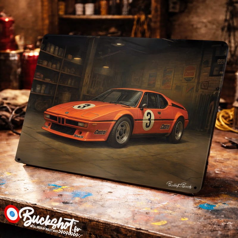 Plaque métallique publicitaire – Illustration BMW M1 1978 – Garage Vintage – Buckshot