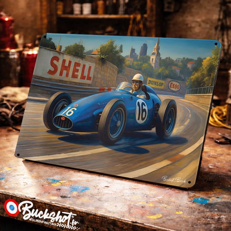 Plaque métallique publicitaire – Illustration Bugatti Monoplace 1955 – Course sur circuit – Buckshot