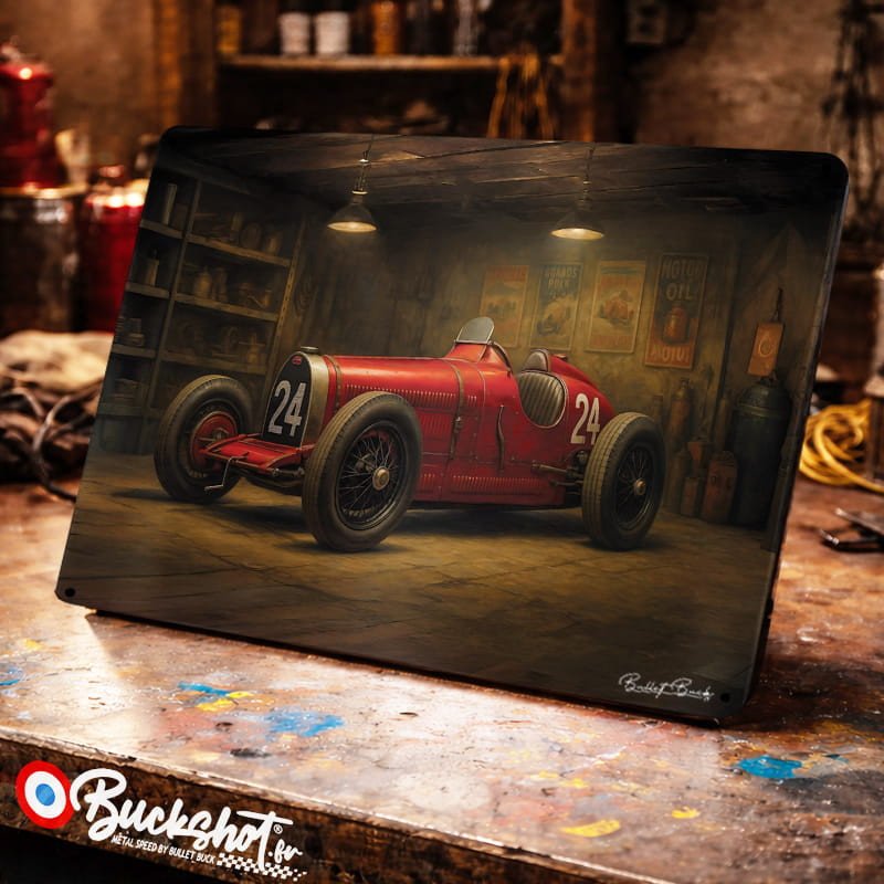 Plaque métallique publicitaire – Illustration Bugatti Type 35B 1927 – Garage Vintage – Buckshot