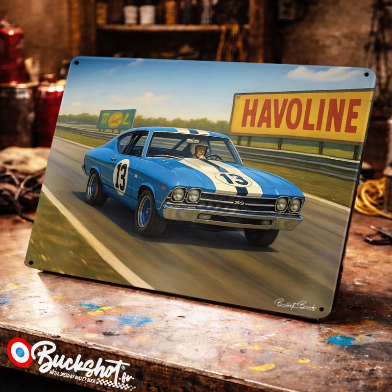 Plaque métallique publicitaire – Illustration Chevrolet Chevelle SS Coupé 1969 – Course sur circuit – Buckshot