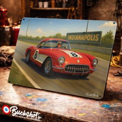 Plaque métallique publicitaire – Illustration Chevrolet Corvette C1 1956 – Course sur circuit – Buckshot