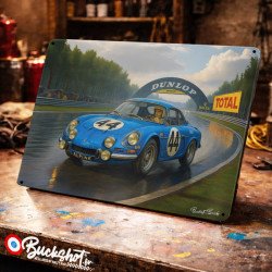 Plaque métallique publicitaire – Illustration Alpine A110 Berlinette 1962 – Course sur circuit – Buckshot