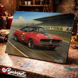 Plaque métallique publicitaire – Illustration Dodge Charger R/T 1969 – Course sur circuit – Buckshot