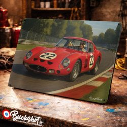 Plaque métallique publicitaire – Illustration Ferrari 250 GTO 1962 – Course sur circuit – Buckshot