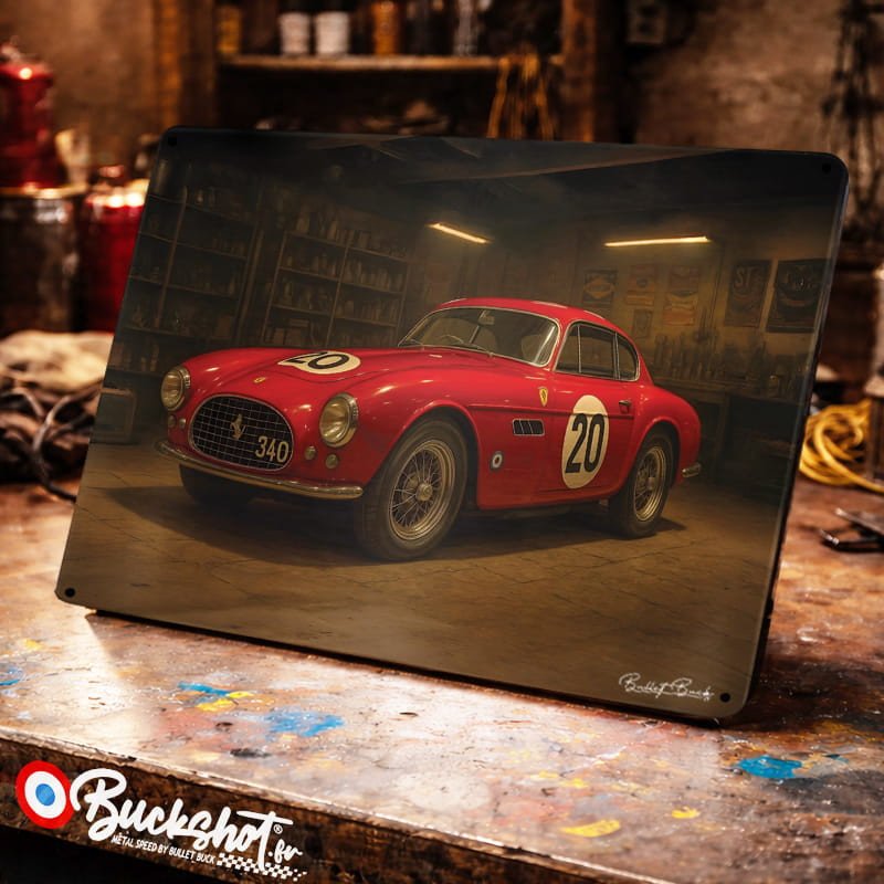 Plaque métallique publicitaire – Illustration Ferrari 340 America 1951 – Garage Vintage – Buckshot