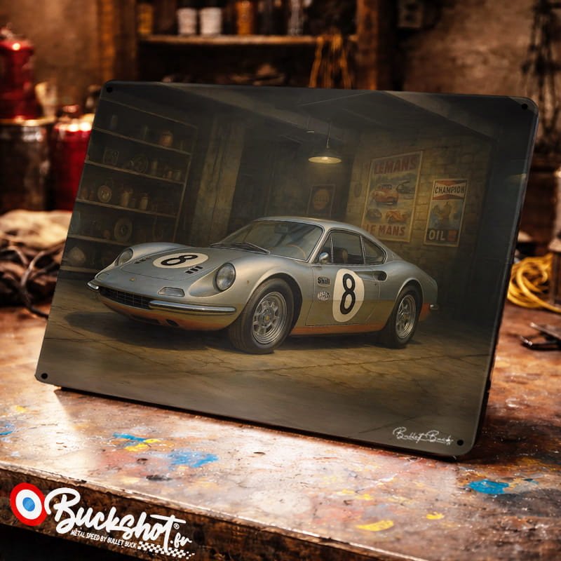 Plaque métallique publicitaire – Illustration Ferrari Dino 246 GTS 1974 – Garage Vintage – Buckshot
