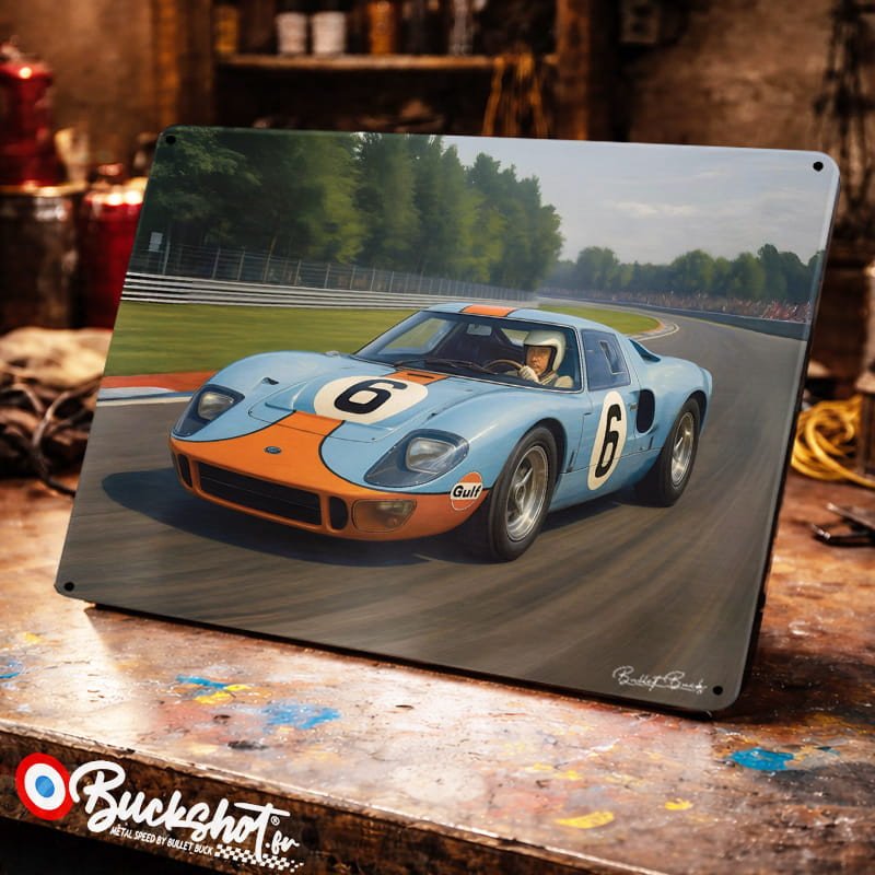 Plaque métallique publicitaire – Illustration Ford GT40 1966 – Course sur circuit – Buckshot