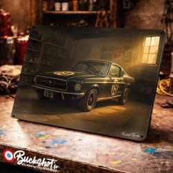 Plaque métallique publicitaire – Illustration Ford Mustang Fastback 1968 – Garage Vintage – Buckshot