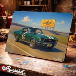 Plaque métallique publicitaire – Illustration Ford Mustang Fastback 1968 – Course sur circuit – Buckshot