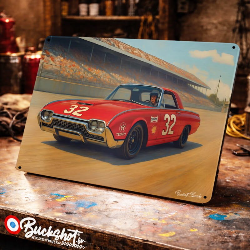 Plaque métallique publicitaire – Illustration Ford Thunderbird Sport 1963 – Course sur circuit – Buckshot