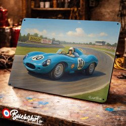 Plaque métallique publicitaire – Illustration Jaguar Type D Le Mans 1955 – Course sur circuit – Buckshot