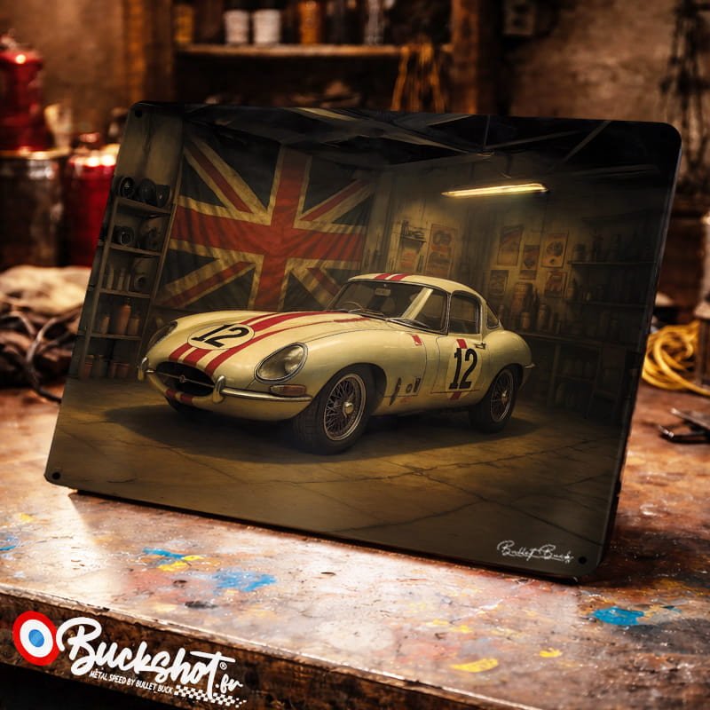 Plaque métallique publicitaire – Illustration Jaguar Type E 1961 – Garage Vintage – Buckshot