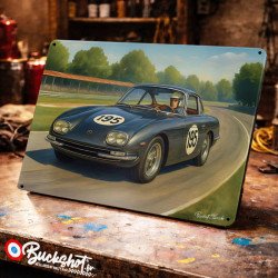 Plaque métallique publicitaire – Illustration Lamborghini 400 GT Interim 1966 – Course sur circuit – Buckshot