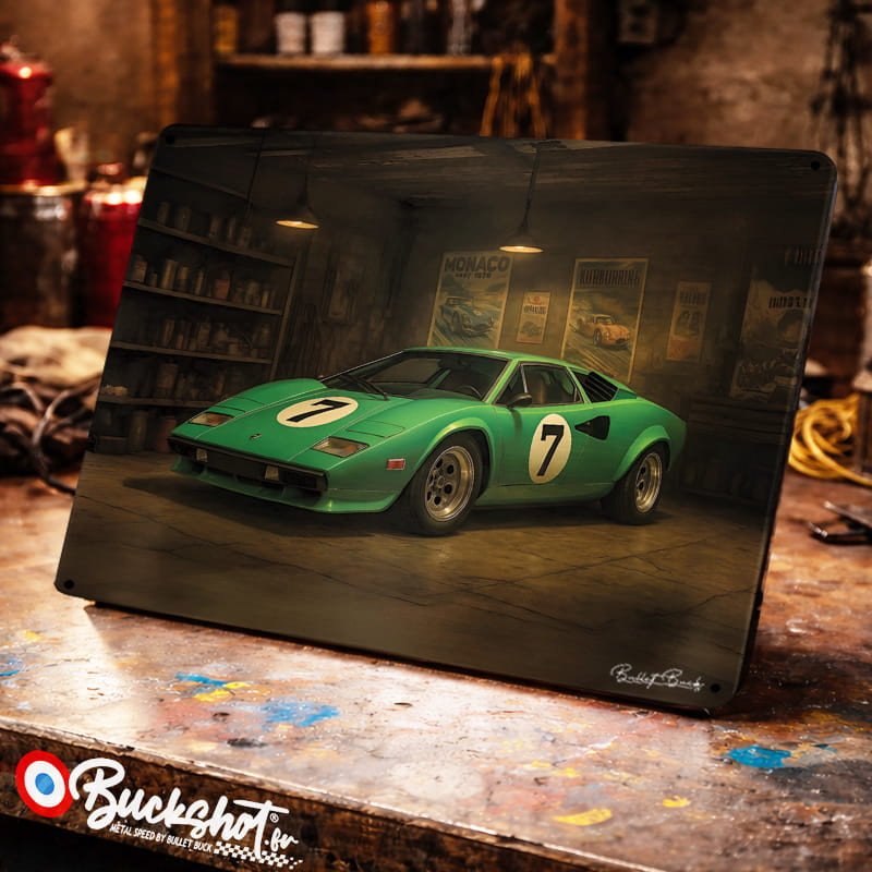Plaque métallique publicitaire – Illustration Lamborghini Countach 1974 – Garage Vintage – Buckshot