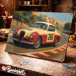Plaque métallique publicitaire – Illustration Lancia Aurelia B20 GT 1952 – Course sur circuit – Buckshot