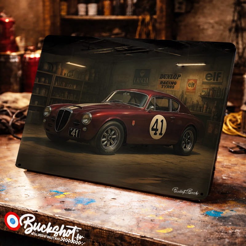 Plaque métallique publicitaire – Gros plan de l'illustration Lancia Aurelia B20 GT 1954 – Garage Vintage – Buckshot