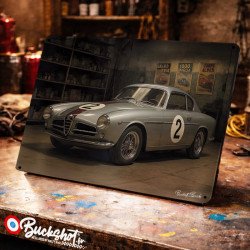 Plaque métallique publicitaire – Illustration Alfa Romeo 1900 CSS Berlinetta – Course sur circuit – Buckshot