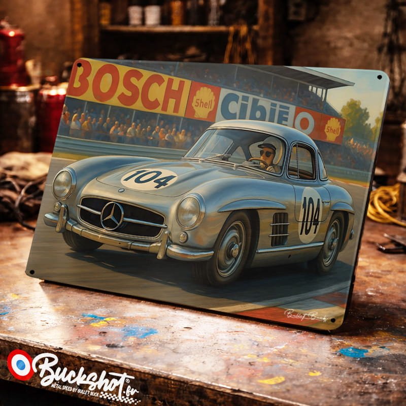Plaque métallique publicitaire – Illustration Mercedes-Benz 300 SL de 1952 – Racing Vintage – Buckshot