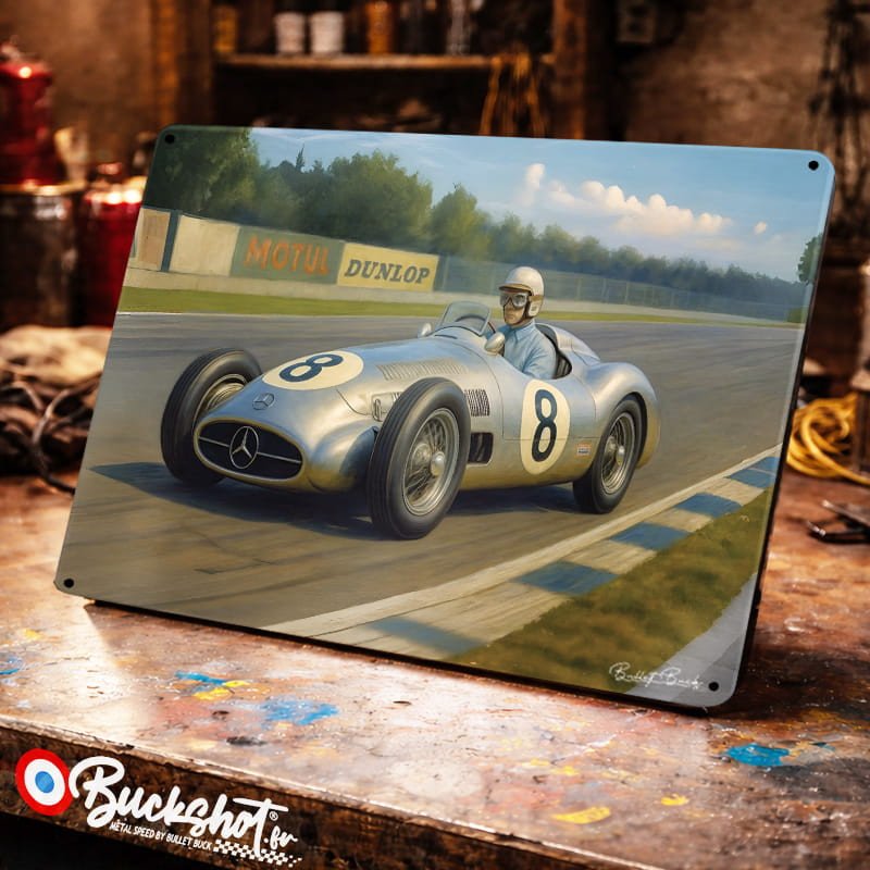 Plaque métallique publicitaire – Illustration Mercedes-Benz W196 R de 1954 – Racing Vintage – Buckshot