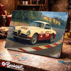 Plaque métallique publicitaire – Illustration Alfa Romeo 1900 CSS Berlinetta – Course sur circuit – Buckshot