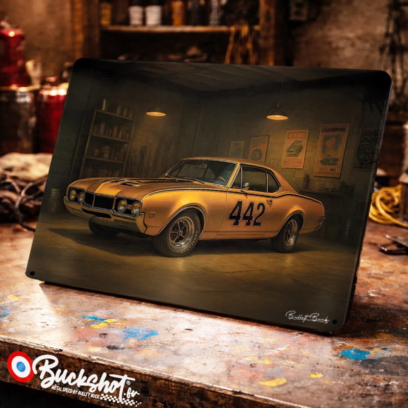 Plaque métallique publicitaire – Illustration Oldsmobile 442 de 1968 – Garage Vintage – Buckshot