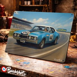 Plaque métallique publicitaire – Illustration Oldsmobile 442 de 1968 – Racing Vintage – Buckshot