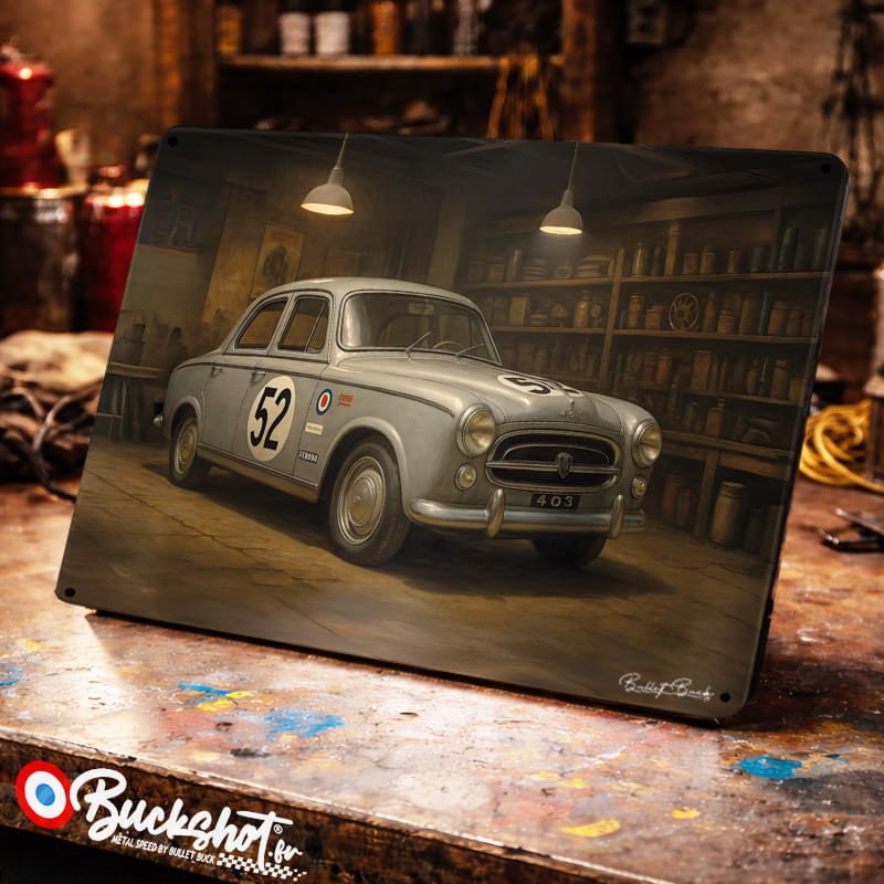 Plaque métallique publicitaire – Illustration Peugeot 403 de 1960 – Garage Vintage – Buckshot