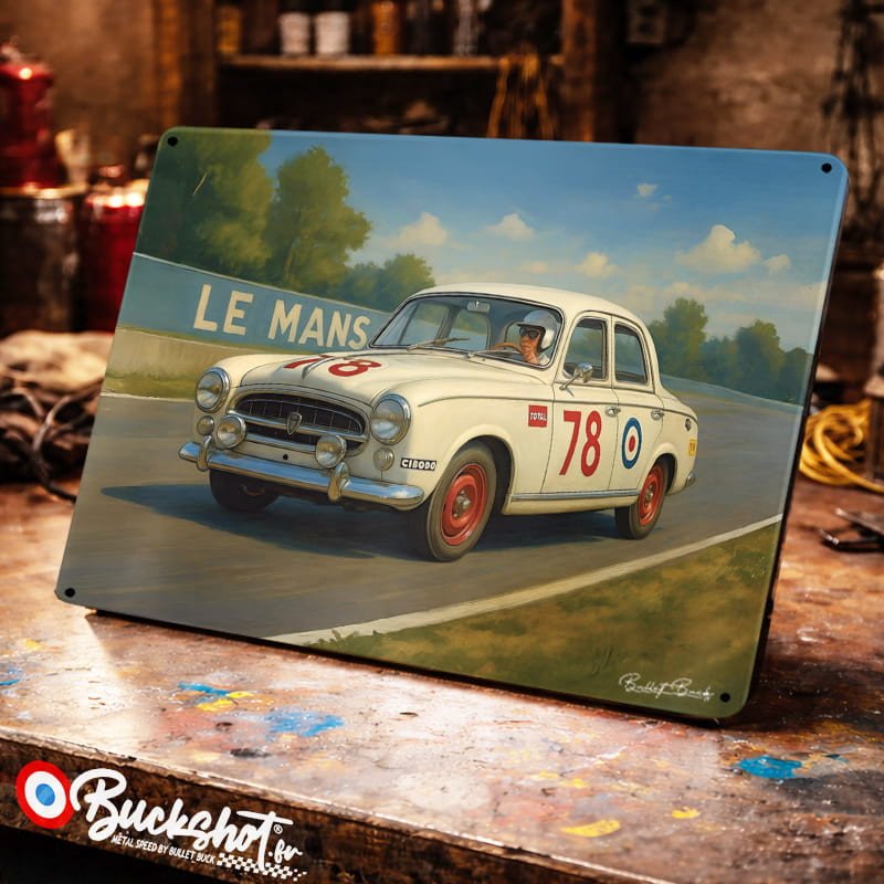 Plaque métallique publicitaire – Illustration Peugeot 403 de 1960 – Racing Vintage – Buckshot