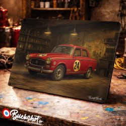 Plaque métallique publicitaire – Illustration Peugeot 404 de 1965 – Garage Vintage – Buckshot