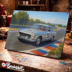 Plaque métallique publicitaire – Illustration Peugeot 404 de 1965 – Racing Vintage – Buckshot