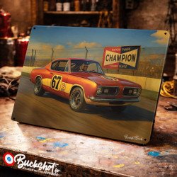 Plaque métallique publicitaire – Illustration Plymouth Barracuda Super Stock de 1970 – Racing Vintage – Buckshot