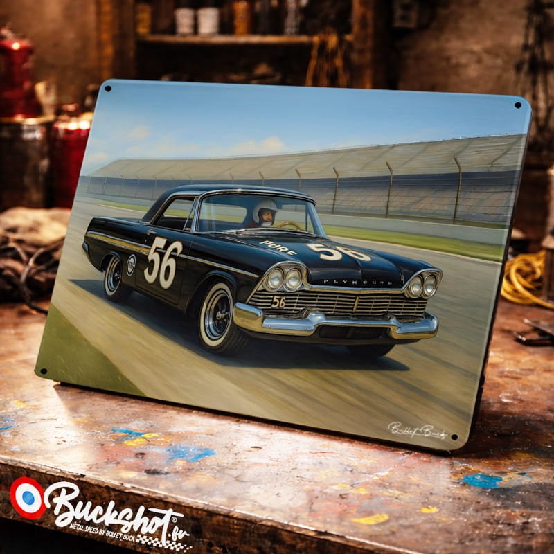 Plaque métallique publicitaire – Illustration Plymouth Fury de 1958 – Racing Vintage – Buckshot
