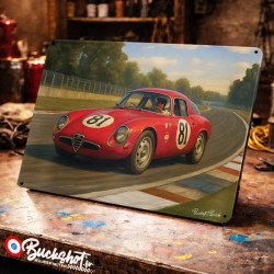 Plaque métallique publicitaire – Illustration Alfa Romeo Giulia TZ 1964 – Course sur circuit – Buckshot