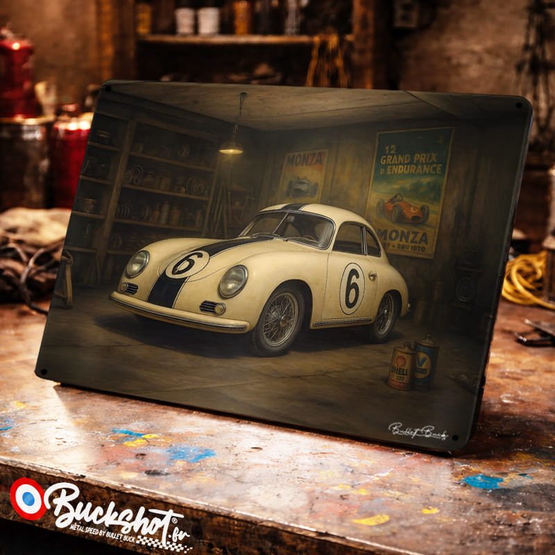 Plaque métallique publicitaire – Illustration Porsche 356 Coupé de 1952 – Garage Vintage – Buckshot