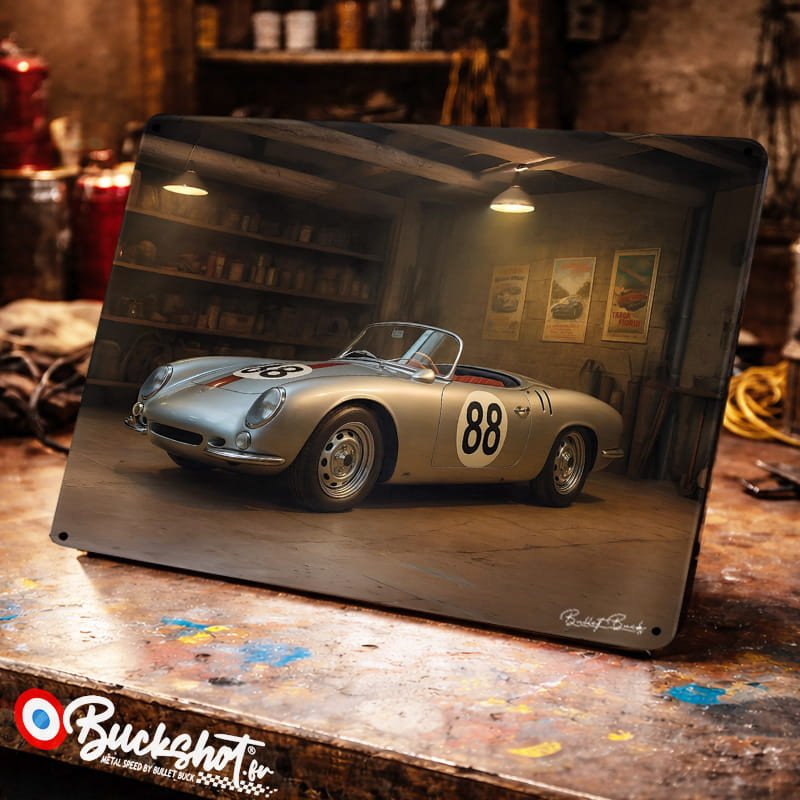 Plaque métallique publicitaire – Illustration Porsche 550 Spyder de 1957 – Garage Vintage – Buckshot