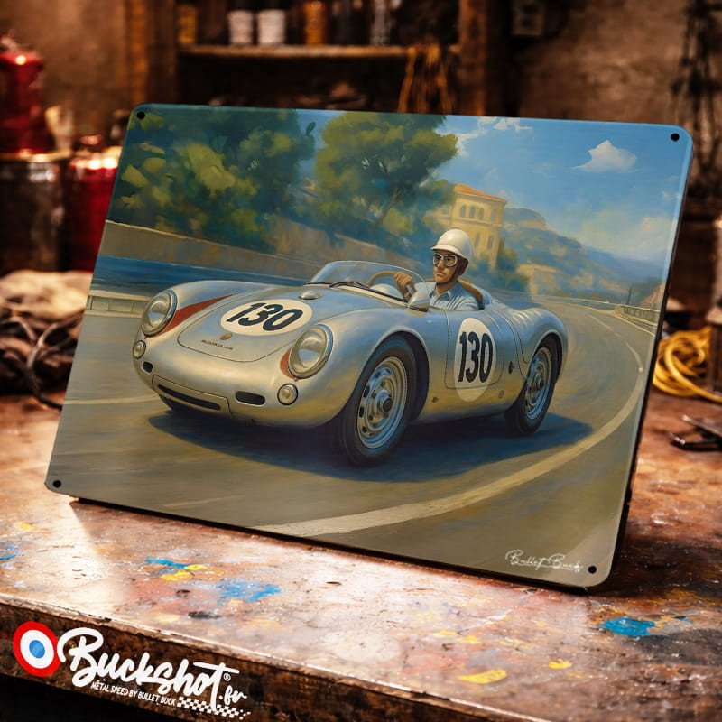 Plaque métallique publicitaire – Illustration Porsche 550 Spyder de 1957 – Racing Vintage – Buckshot