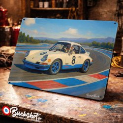 Plaque métallique publicitaire – Illustration Porsche 911 de 1973 – Garage Vintage – Buckshot