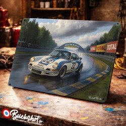 Plaque métallique publicitaire – Illustration Porsche 911 de 1973 – Racing Vintage – Buckshot