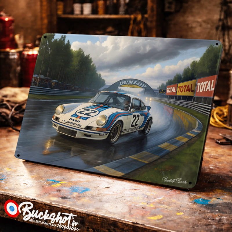 Plaque métallique publicitaire – Illustration Porsche 911 de 1973 – Racing Vintage – Buckshot
