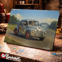 Plaque métallique publicitaire – Illustration Renault 4CV Le Mans de 1950 – Racing Vintage – Buckshot