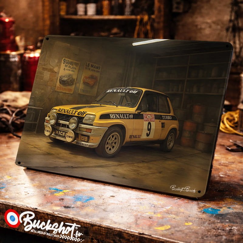Plaque métallique publicitaire – Illustration Renault 5 Turbo de 1980 – Garage Vintage – Buckshot