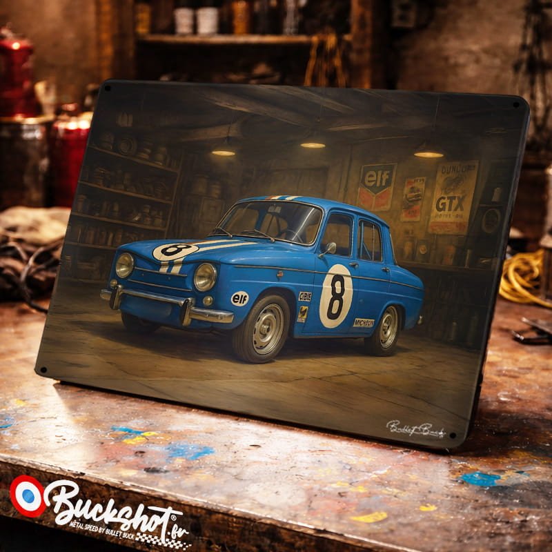 Plaque métallique publicitaire – Illustration Renault 8 Gordini 1100 de 1965 – Garage Vintage – Buckshot