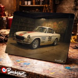 Plaque métallique publicitaire – Illustration Volvo P1800 E de 1961 – Garage Vintage – Buckshot