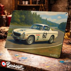 Plaque métallique publicitaire – Illustration Volvo P1800 E de 1961 – Racing Vintage – Buckshot