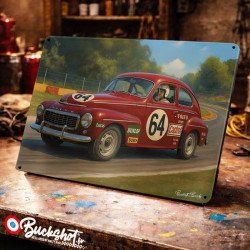 Plaque métallique publicitaire – Illustration Volvo PV544 Sport de 1965 – Racing Vintage – Buckshot