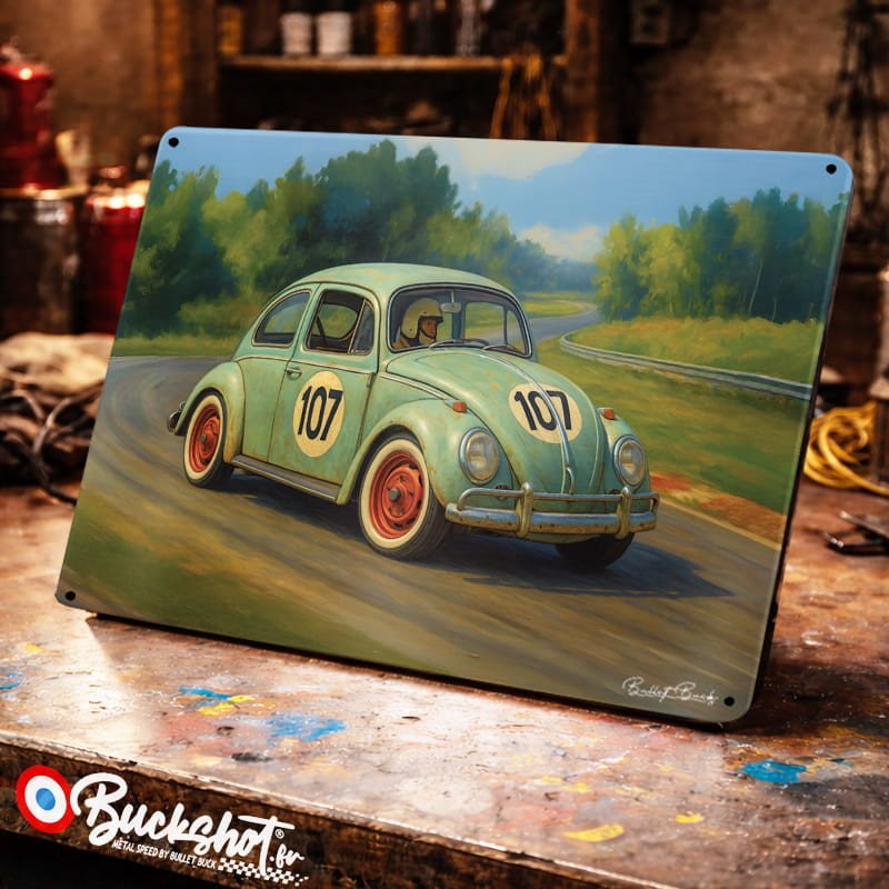 Plaque métallique publicitaire – Illustration Volkswagen Coccinelle de 1973 – Racing Vintage – Buckshot