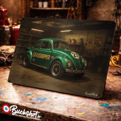 Plaque métallique publicitaire – Illustration Volkswagen Coccinelle Dragster de 1972 – Garage Vintage – Buckshot