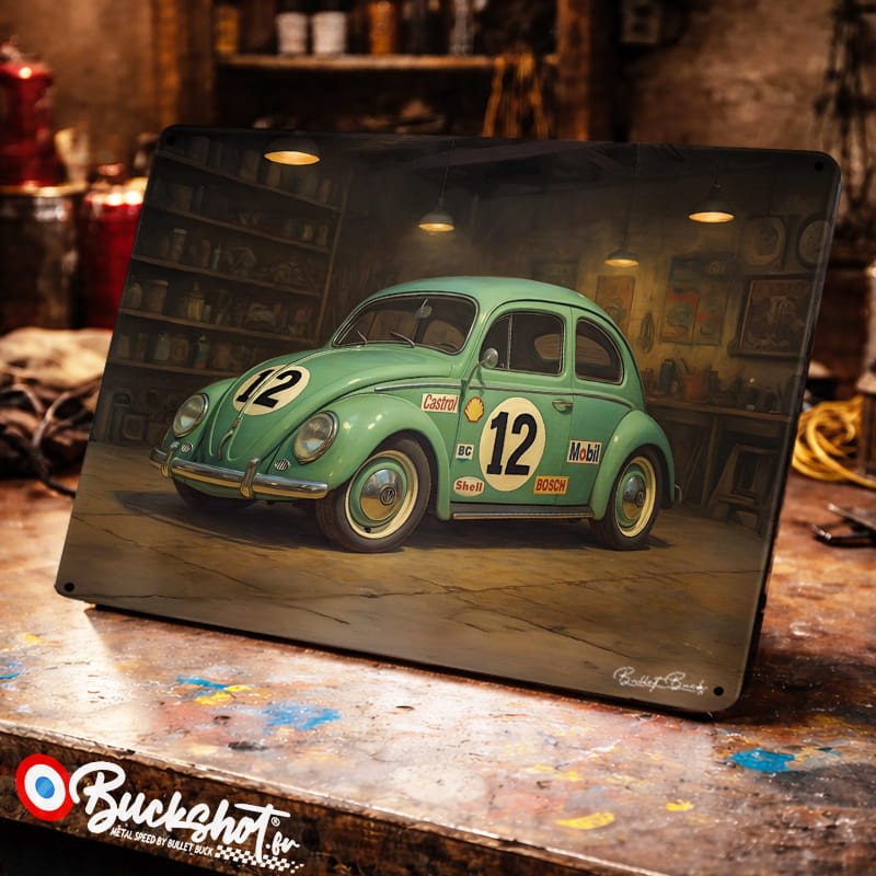 Plaque métallique publicitaire – Illustration Volkswagen Coccinelle Split de 1953 – Garage Vintage – Buckshot
