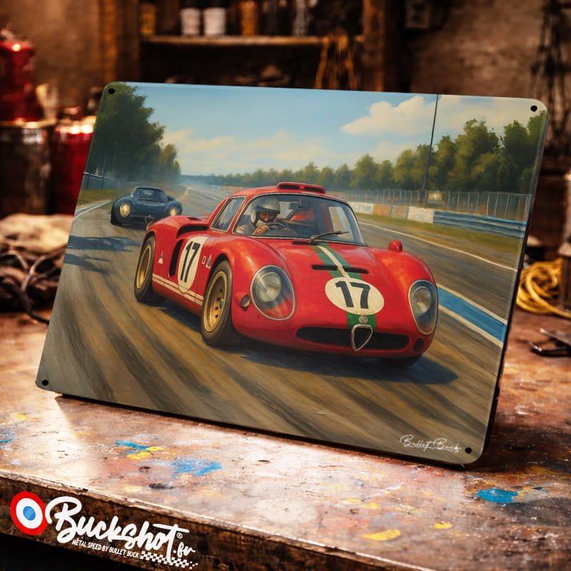 Plaque métallique publicitaire – Illustration Alfa Romeo Giulia TZ2 1969 – Course sur circuit – Buckshot